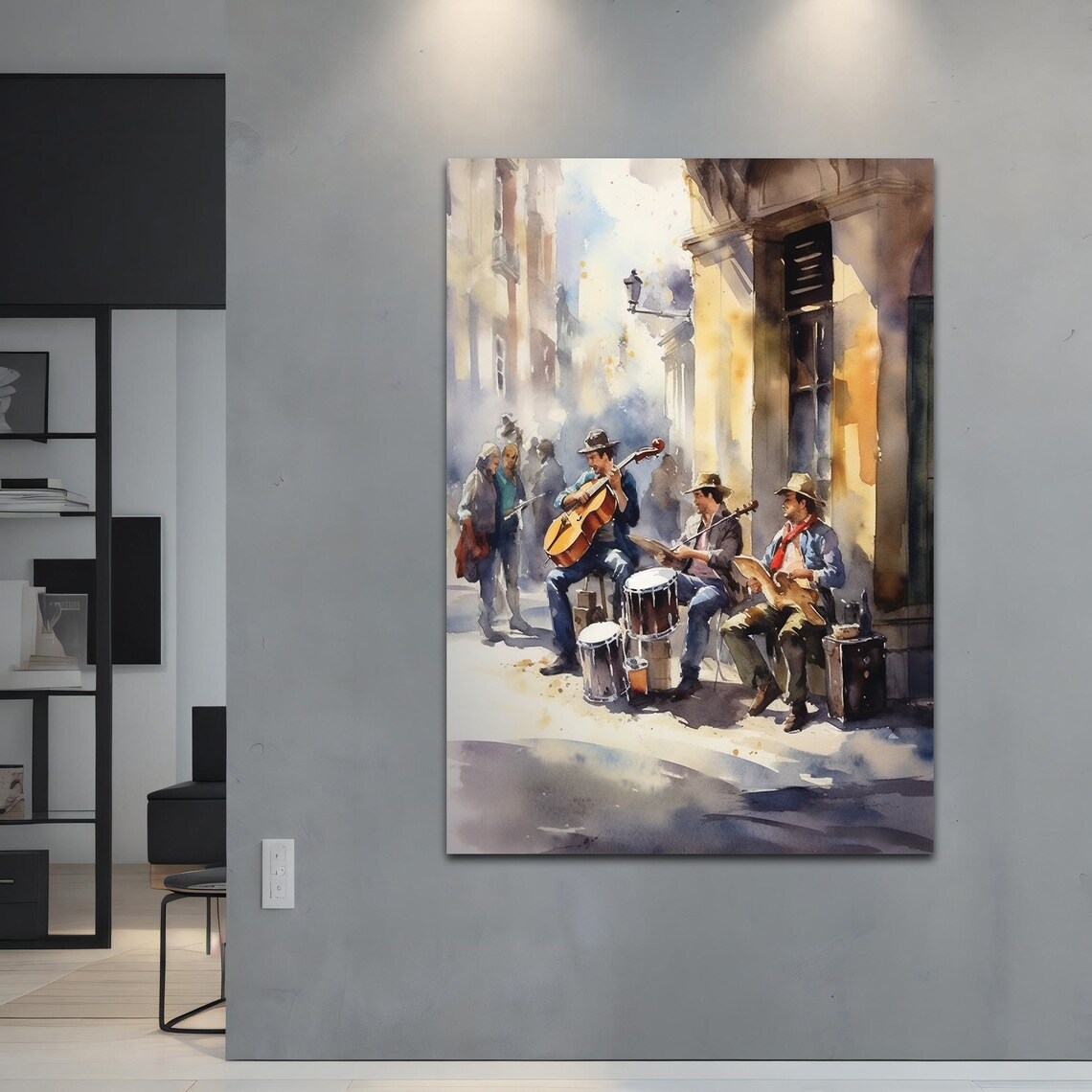 Street Musicians Sunlit Old Town Watercolor Music Painting Print - Image 3