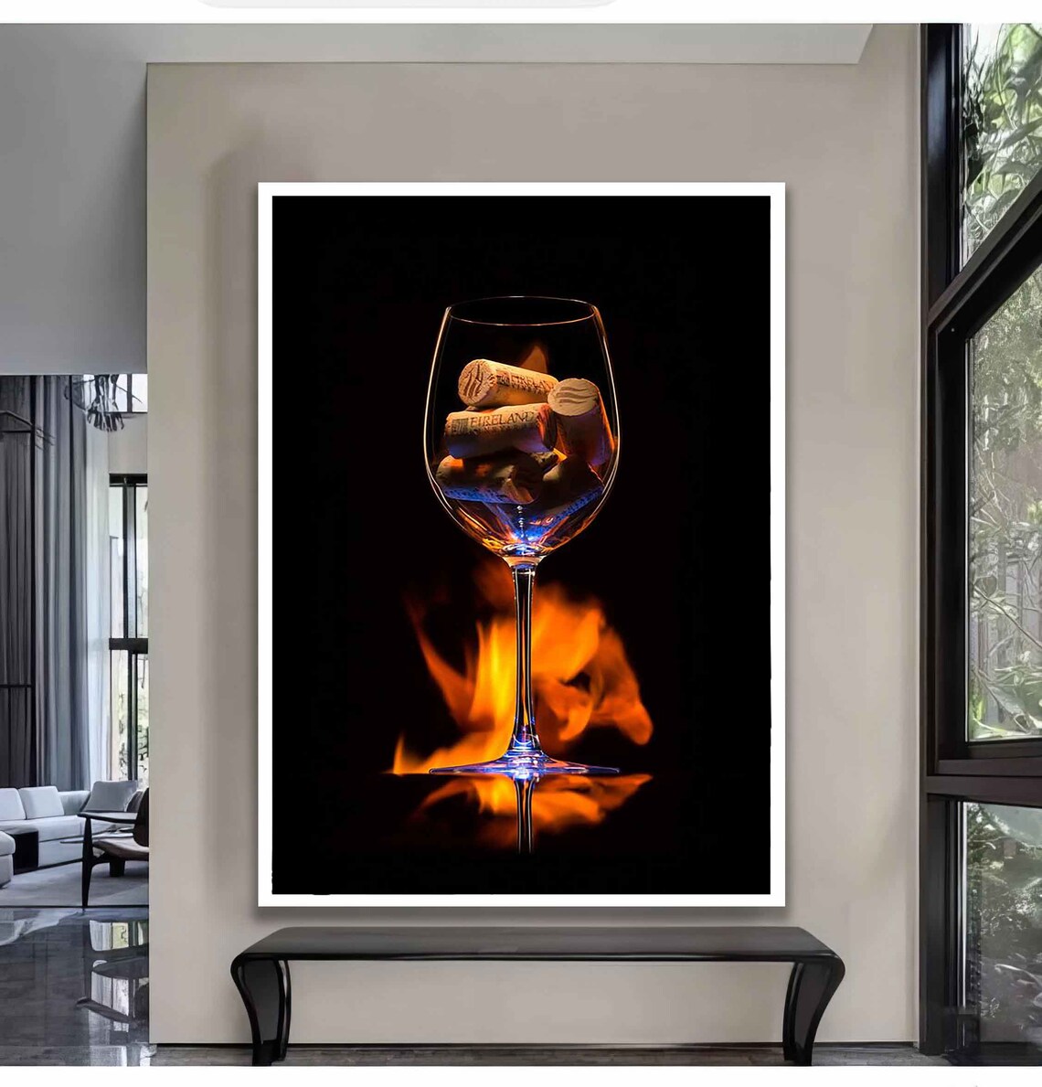 Wine Glass Filled With Corks Over Flames Dramatic Photo Art Poster - Image 3