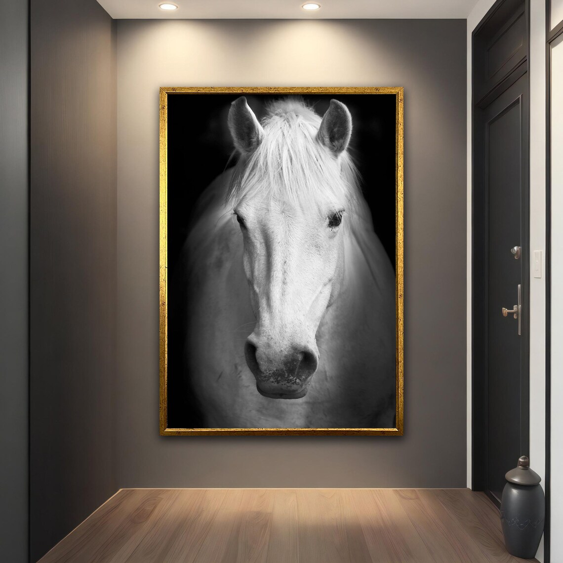White Horse Portrait Black White Dramatic Photography Art Print - Image 2