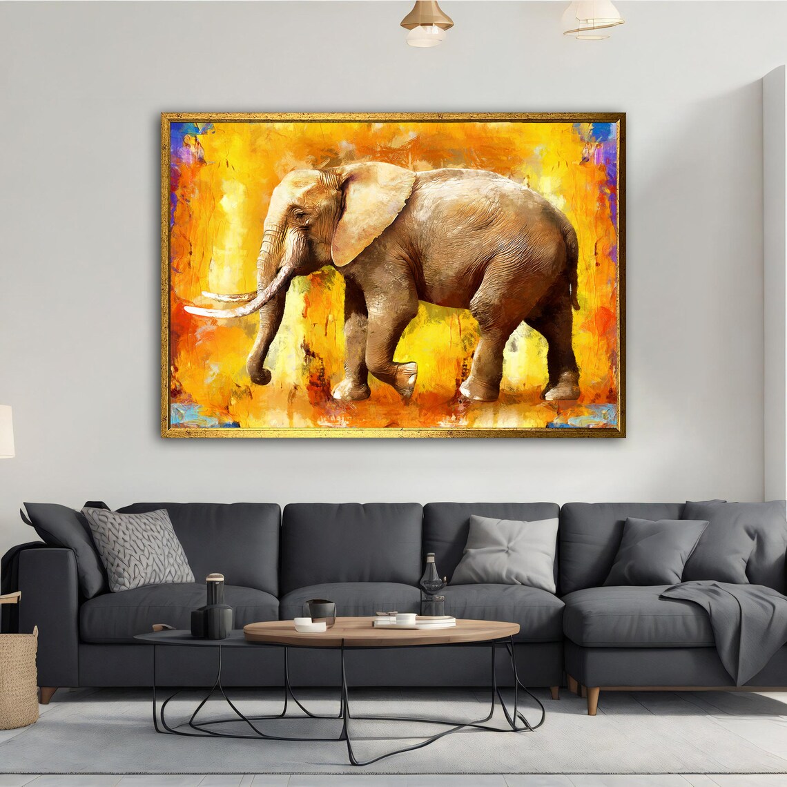 African Elephant Walking Painting Fiery Orange Background Wildlife Poster - Image 5