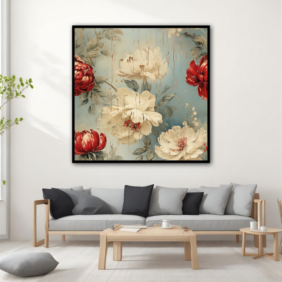 Vintage White and Red Peonies Teal Distressed Floral Art Poster - Image 3
