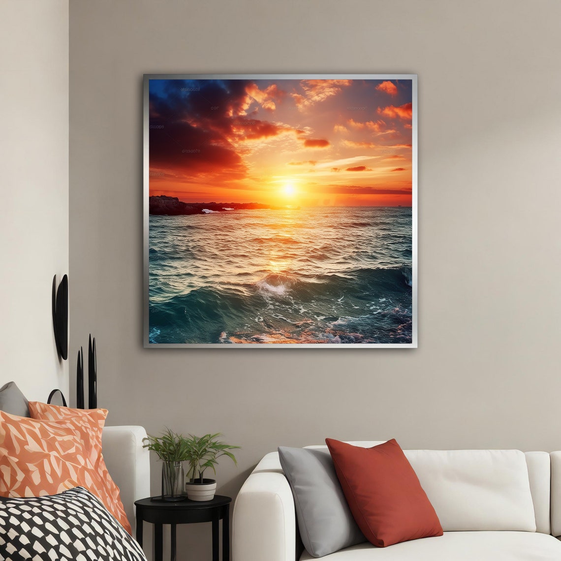 Ocean Sunset Dramatic Fiery Clouds Golden Waves Nature Art Poster - Image 3
