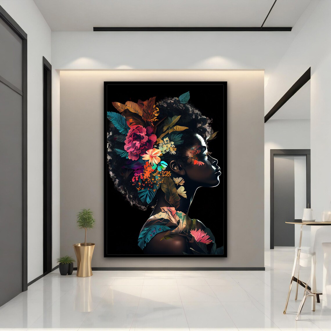 African Woman Silhouette Profile With Vibrant Flowers Art Poster