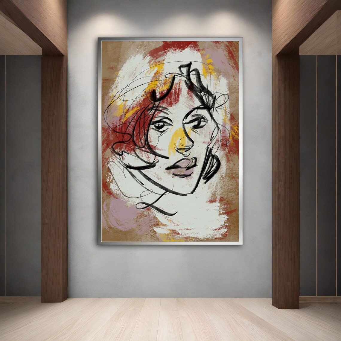 Abstract Woman Face Sketch Line Art Portrait Red Yellow Brush Print - Image 2