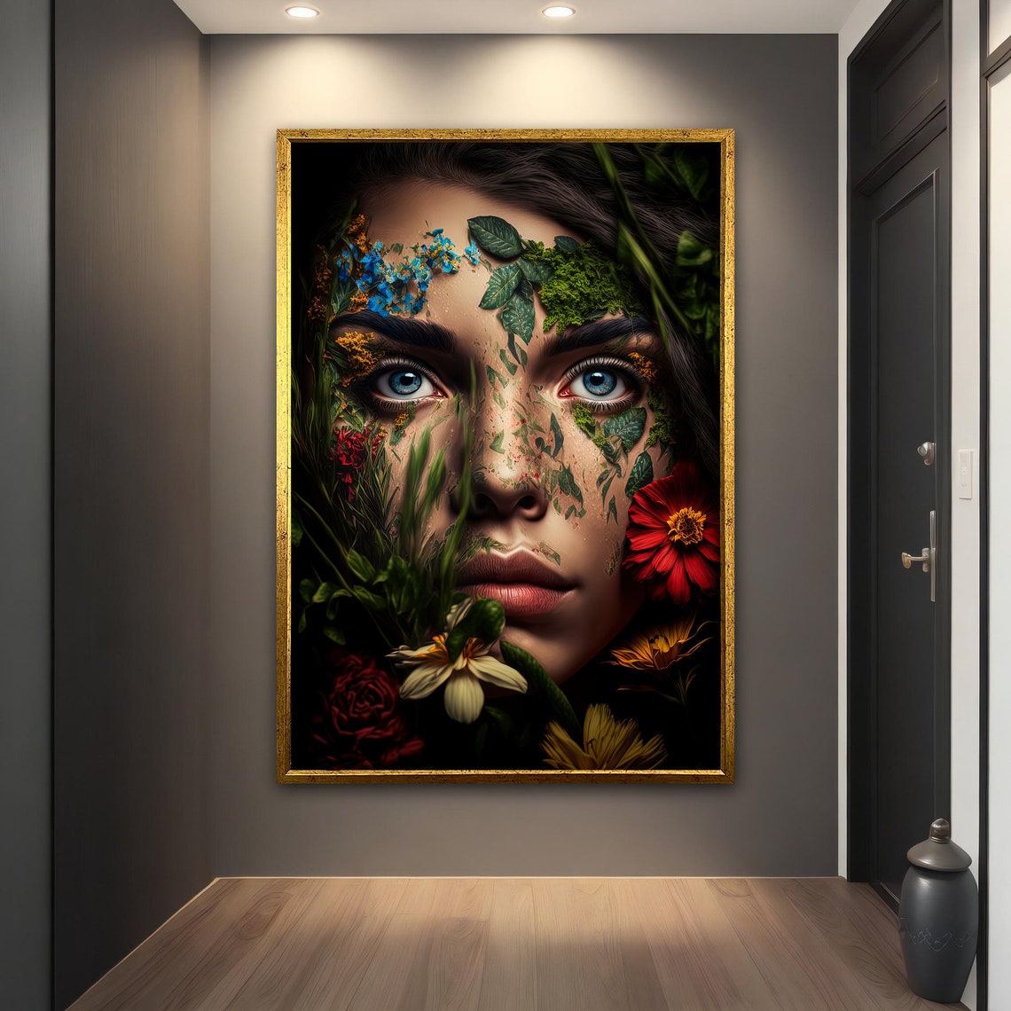 Woman Face Wildflowers Nature Blue Eyes Green Botanical Art Poster - Image 3