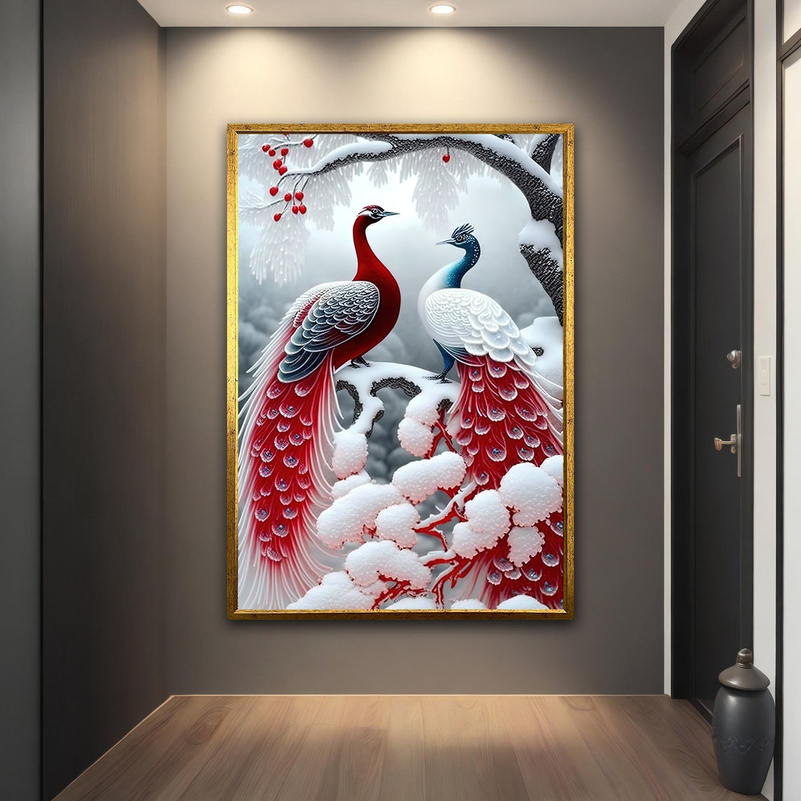 Red White Peacocks Snow Winter Branch Elegant Wall Art Poster - Image 2