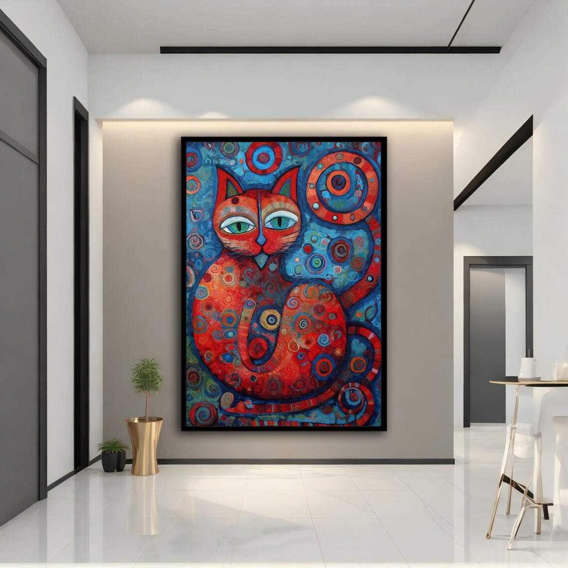 Red Cat Green Eyes Whimsical Blue Swirl Animal Wall Art Poster - Image 4