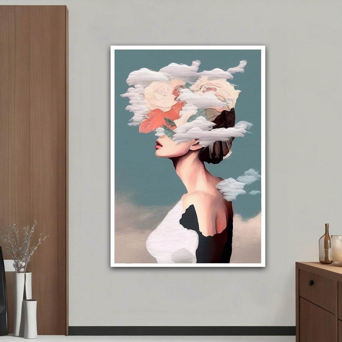 Woman Head Clouds Roses Surreal Profile Teal Background Art Poster - Image 4