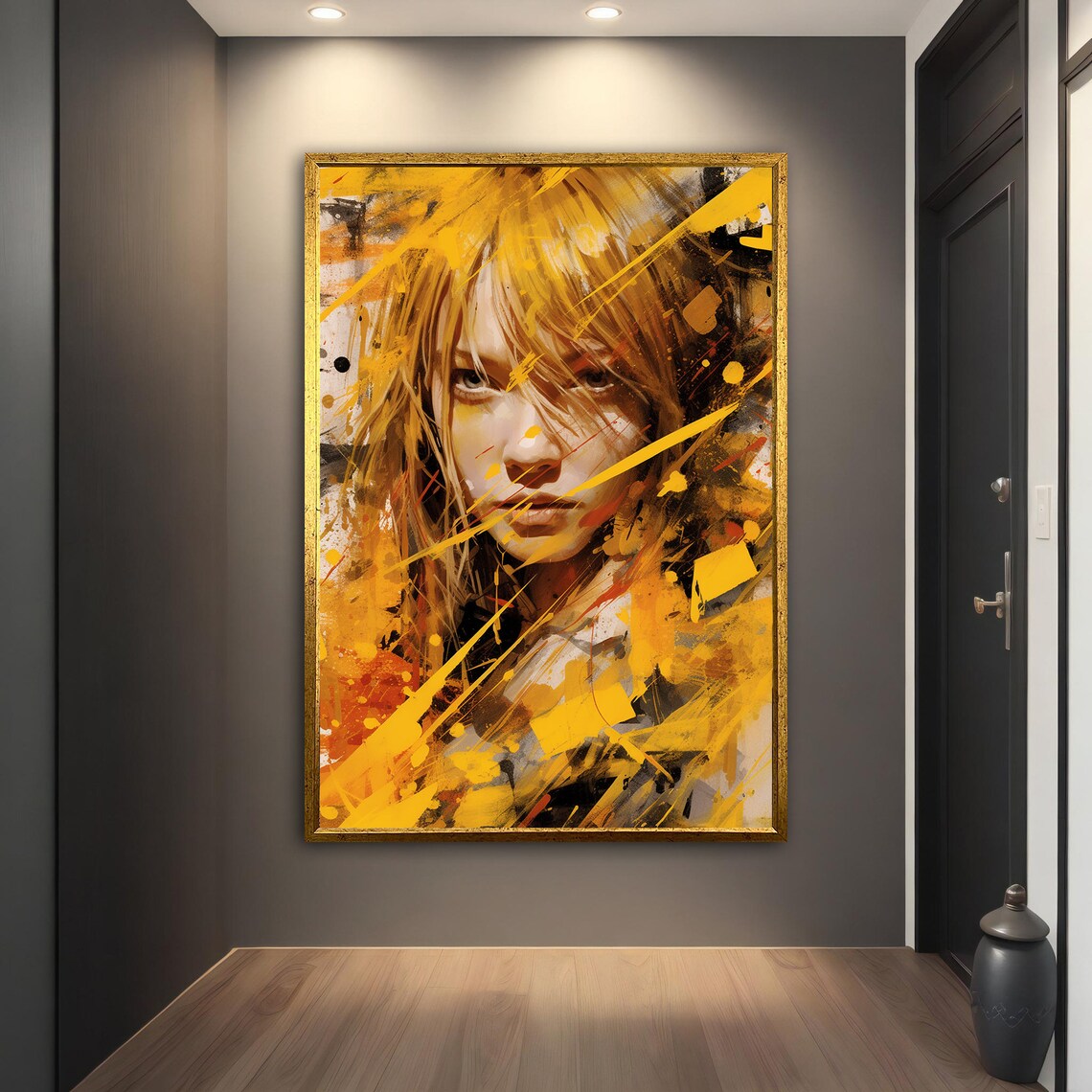 Golden Yellow Paint Woman Portrait Expressive Modern Splash Art Poster - Image 3