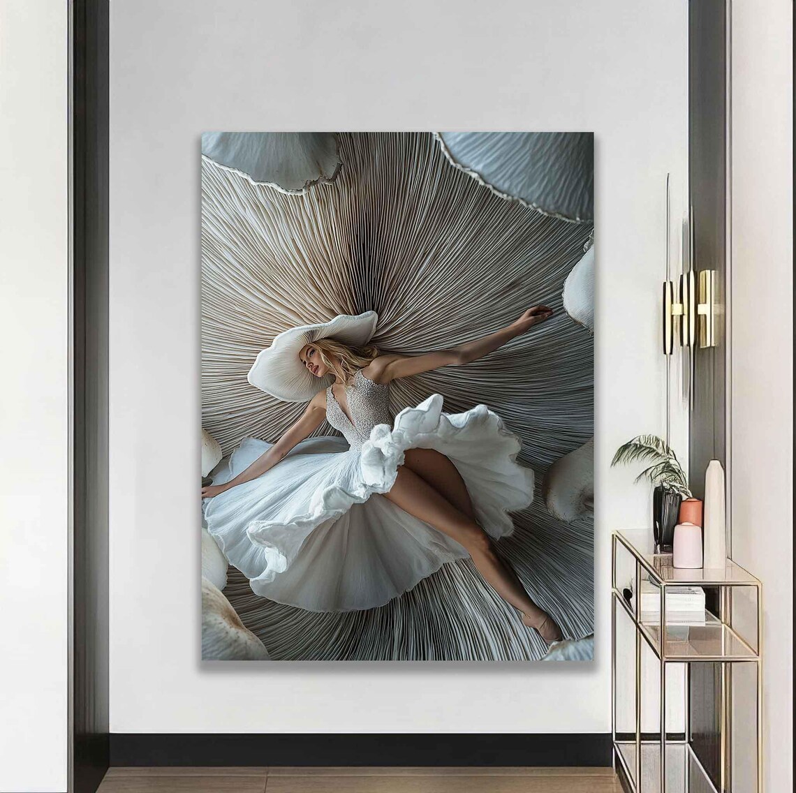 Woman In White Dress Big Hat Dancing Shell Background Modern Art Poster - Image 4