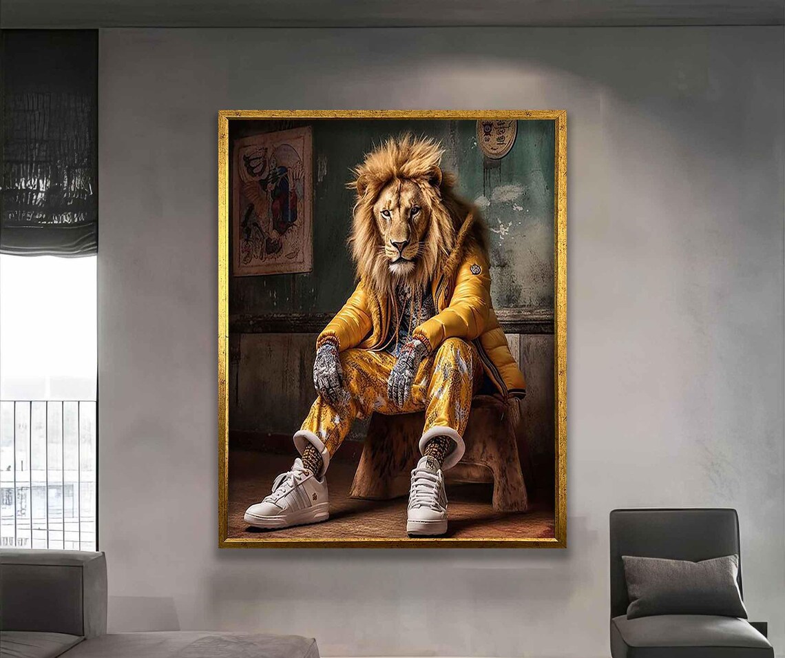 Funny Lion In Yellow Tracksuit Street Style Animal Wall Art Poster - Image 2