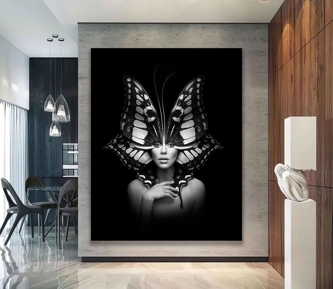 Monochrome Woman With Butterfly Wings Fantasy Portrait Wall Poster - Image 5