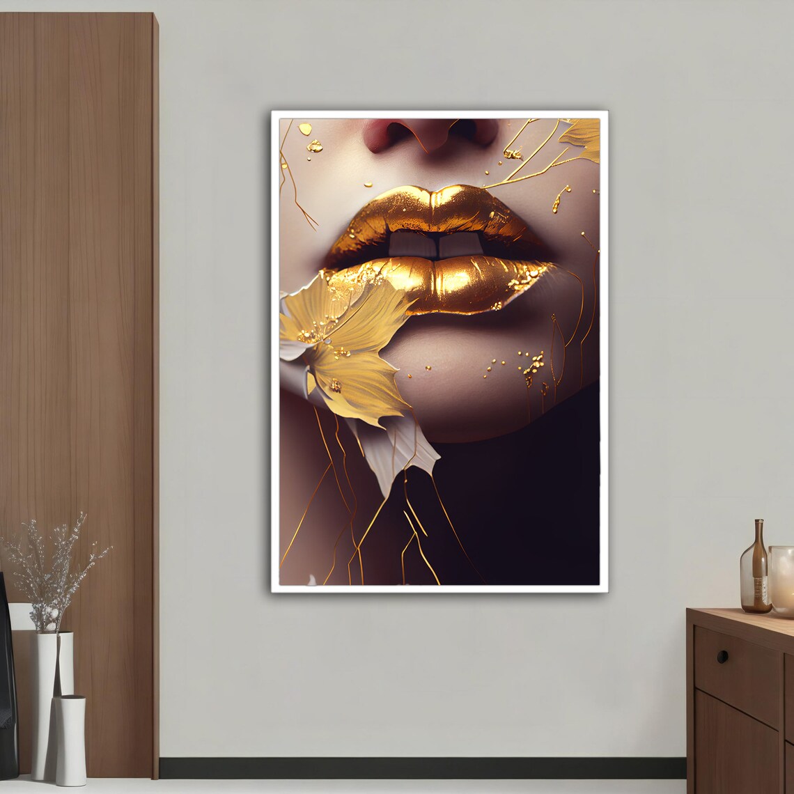 Golden Lips Pop Art Print Gold Leaf Woman Face Glamorous Wall Poster - Image 3