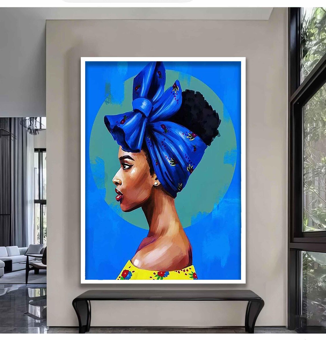 African Woman Blue Headwrap Bow Vibrant Pop Portrait Yellow Art Poster - Image 3