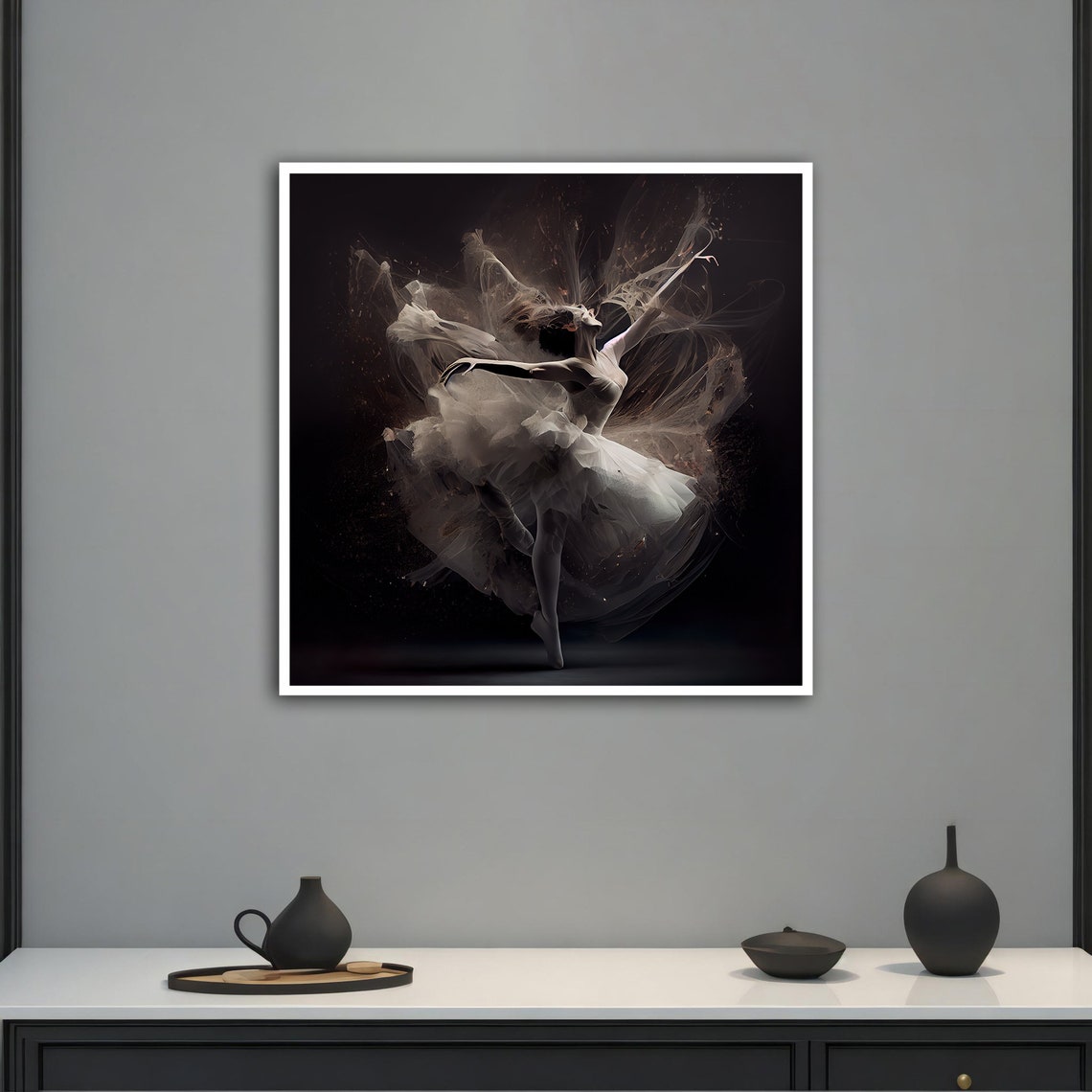 Ballerina Leaping Smoke Tutu Black Background Dramatic Dance Poster - Image 2