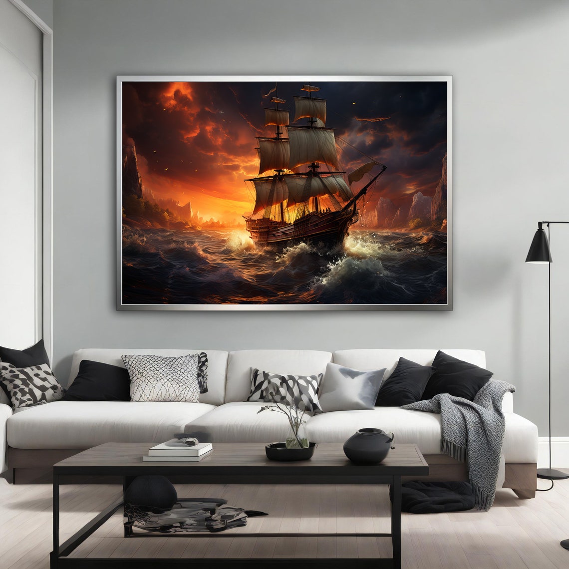 Tall Ship Sailing Stormy Sea Dramatic Sunset Nautical Art Poster - Image 2
