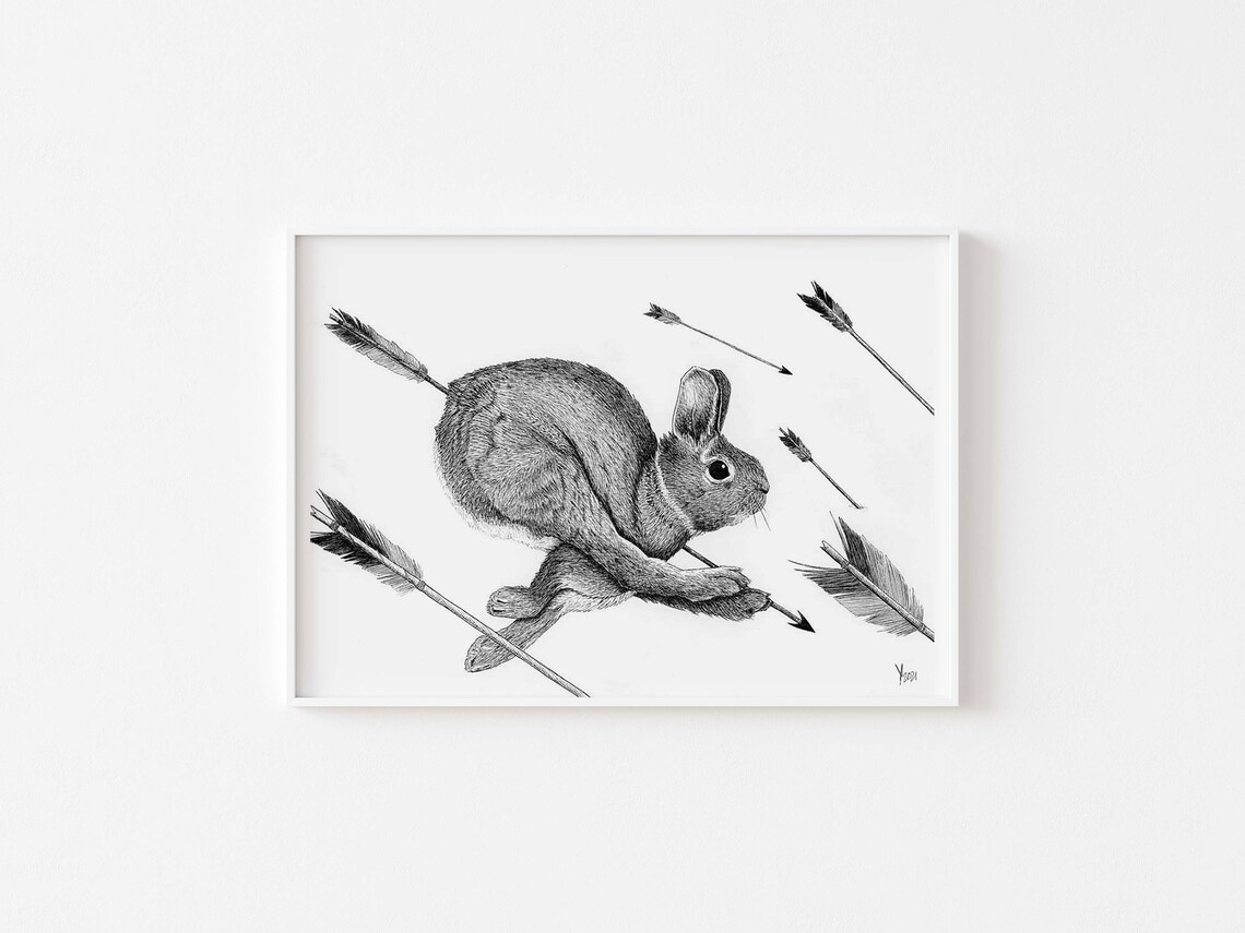 Rabbit Leaping Through a Shower of Flying Arrows Ink Art Poster