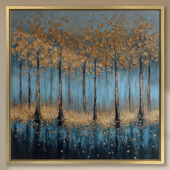 Serene Golden Trees Wall Art Abstract Forest Painting Print Blue Gold Wall Decor Modern Nature Poster Luxury Artwork Ready To Hang