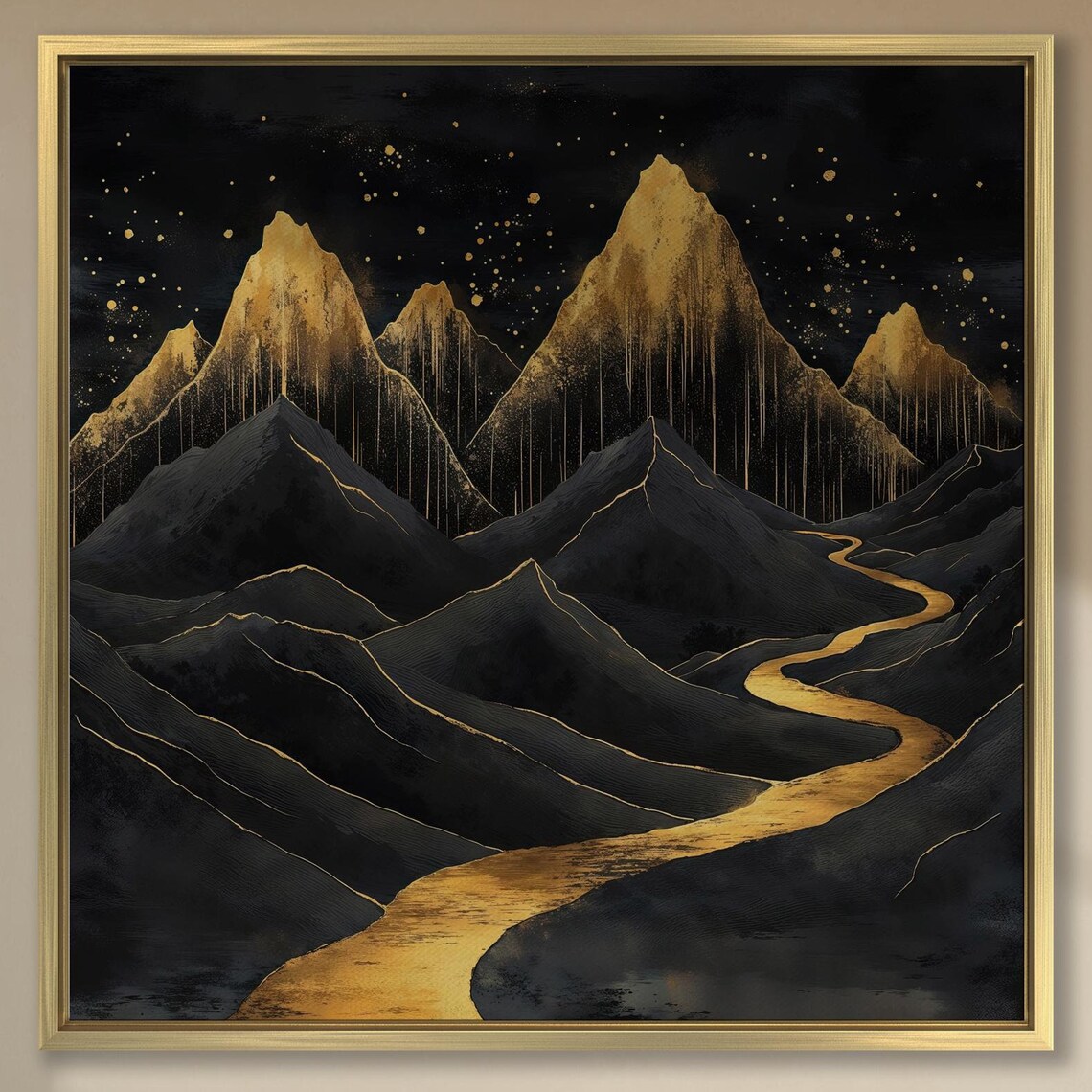 Black And Gold Mountain Peaks With Golden River Night Poster