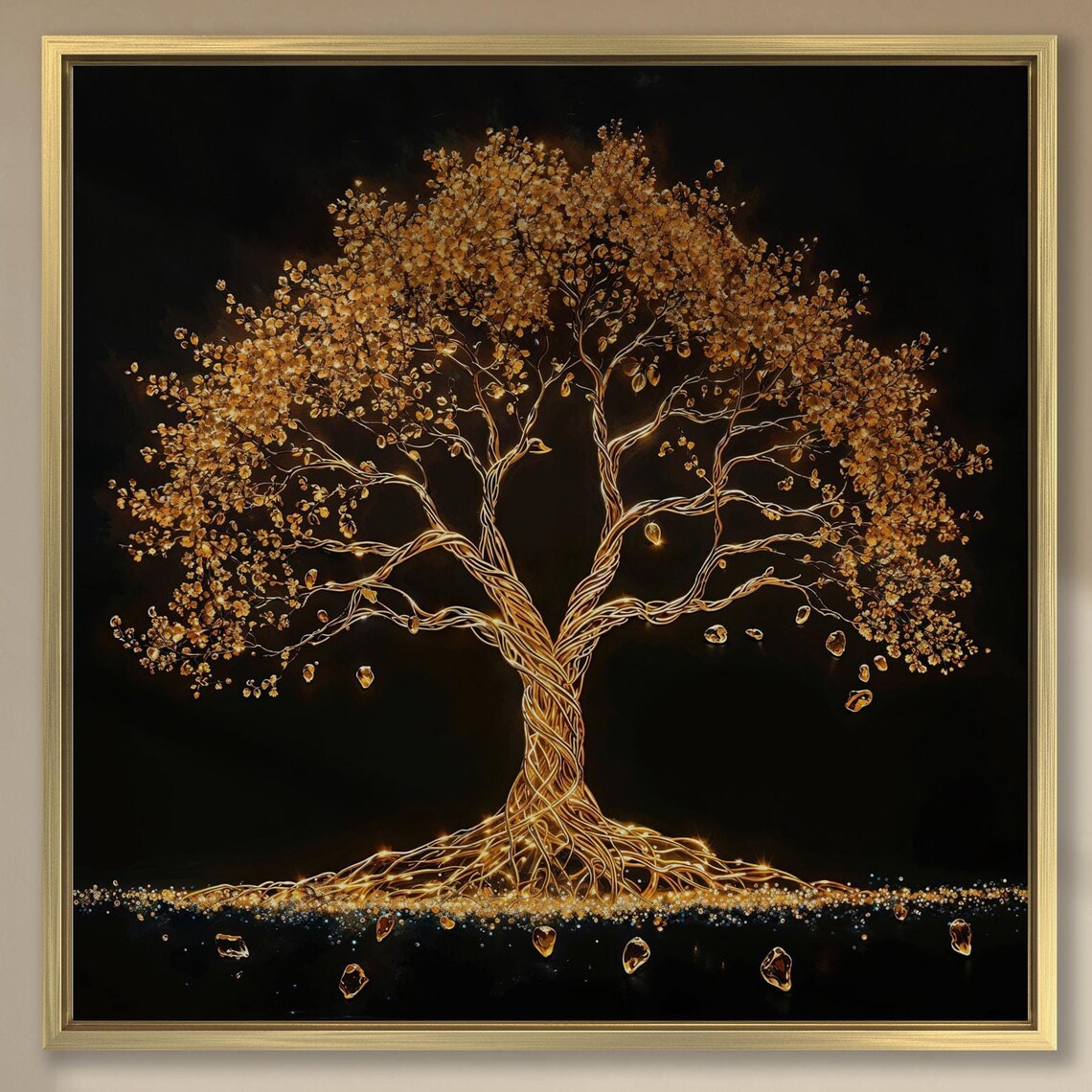 Golden Wire Tree of Life on Black Starry Night Elegant Art Poster