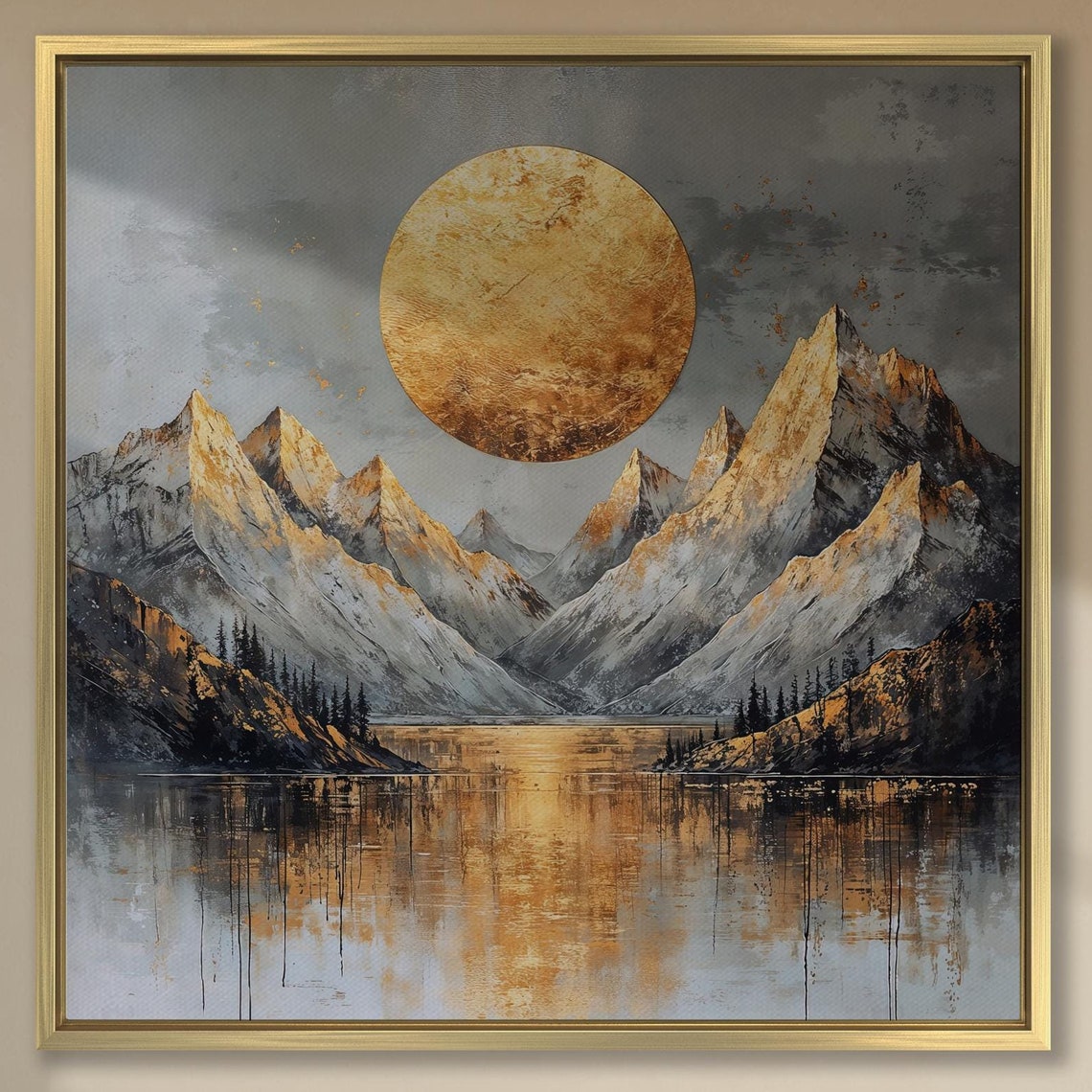 Giant Golden Sun Rising Over Mountain Lake Landscape Art Poster