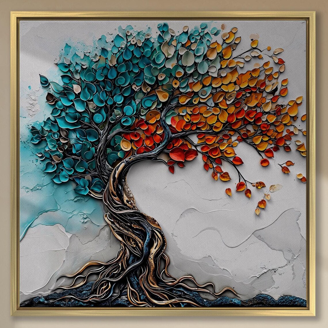 Tree of Life Teal Orange Leaves 3D Impasto Textured Painting Poster