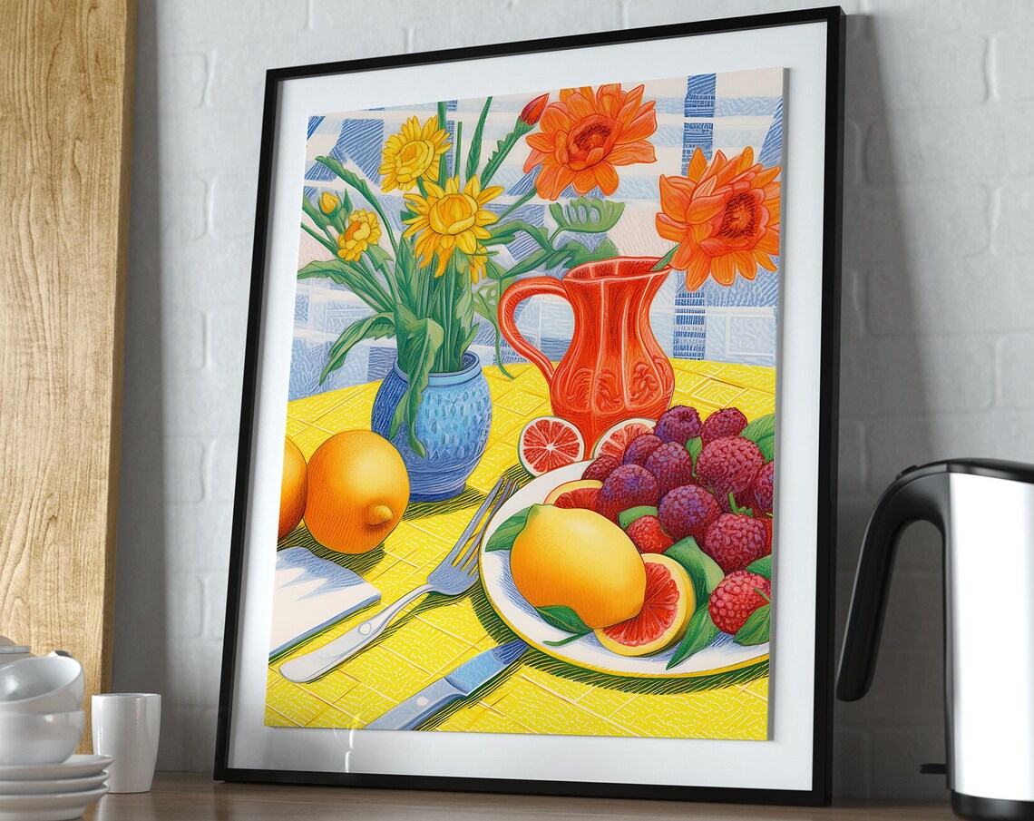 Fruit Still Life Kitchen Lemons Raspberries Flowers Wall Art - Image 3