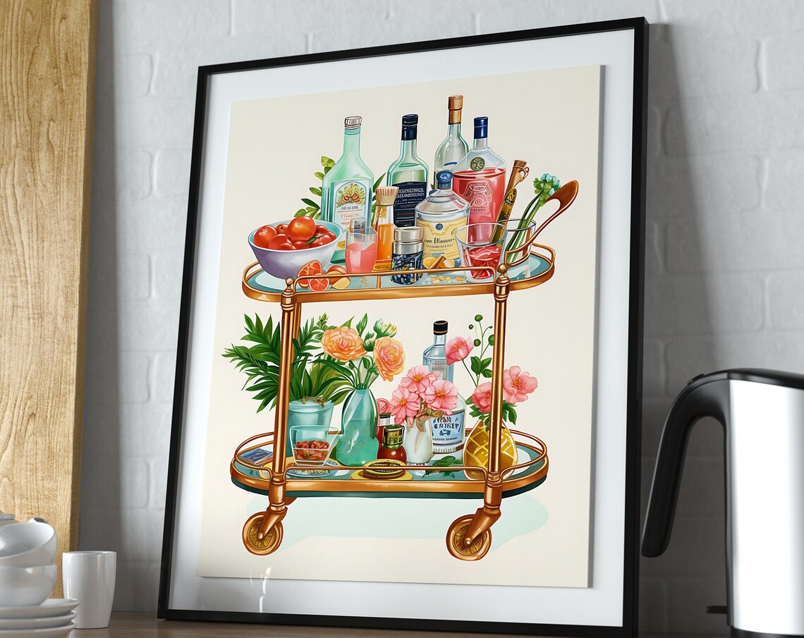 Gold Bar Cart With Cocktails And Flowers Illustration Poster - Image 2