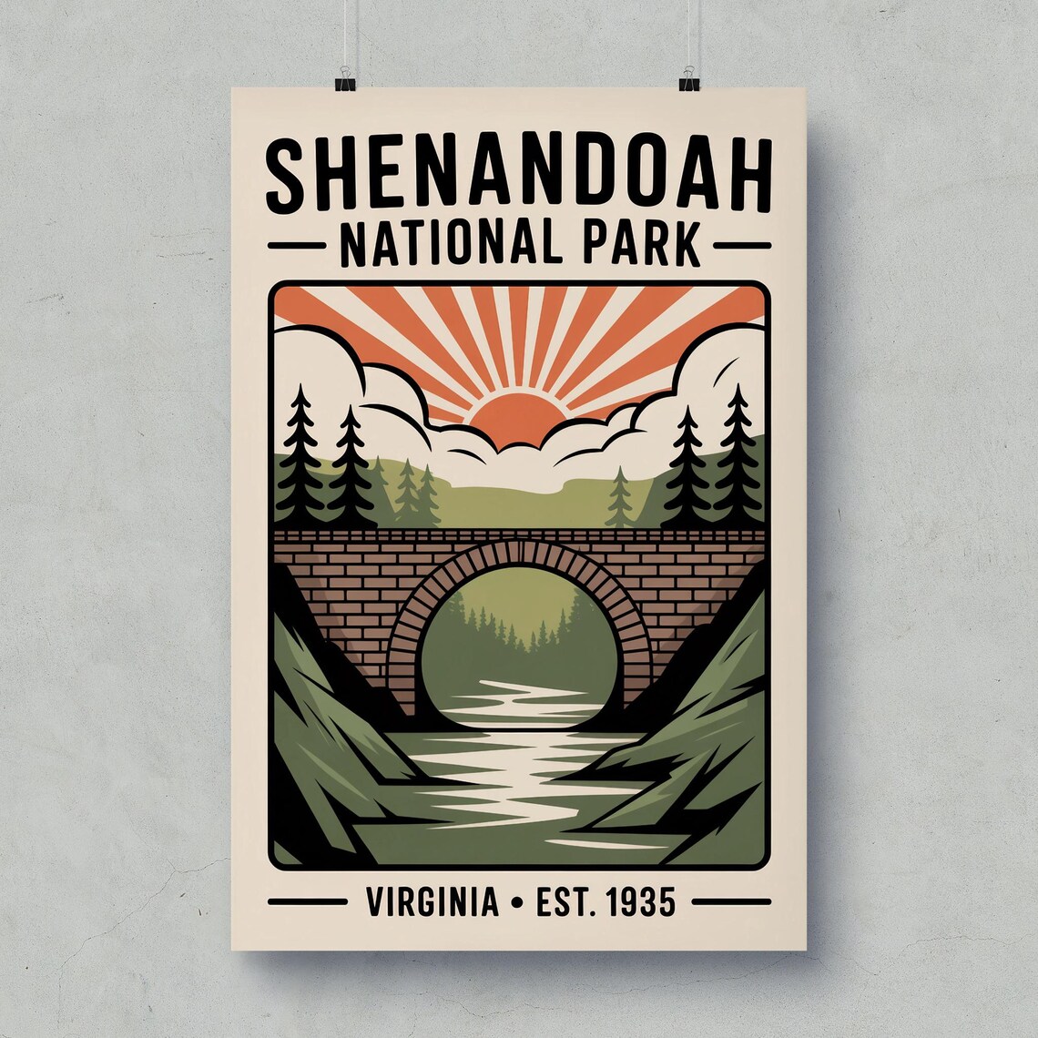Shenandoah National Park Stone Bridge Sunrise Retro Forest Vintage Travel Poster