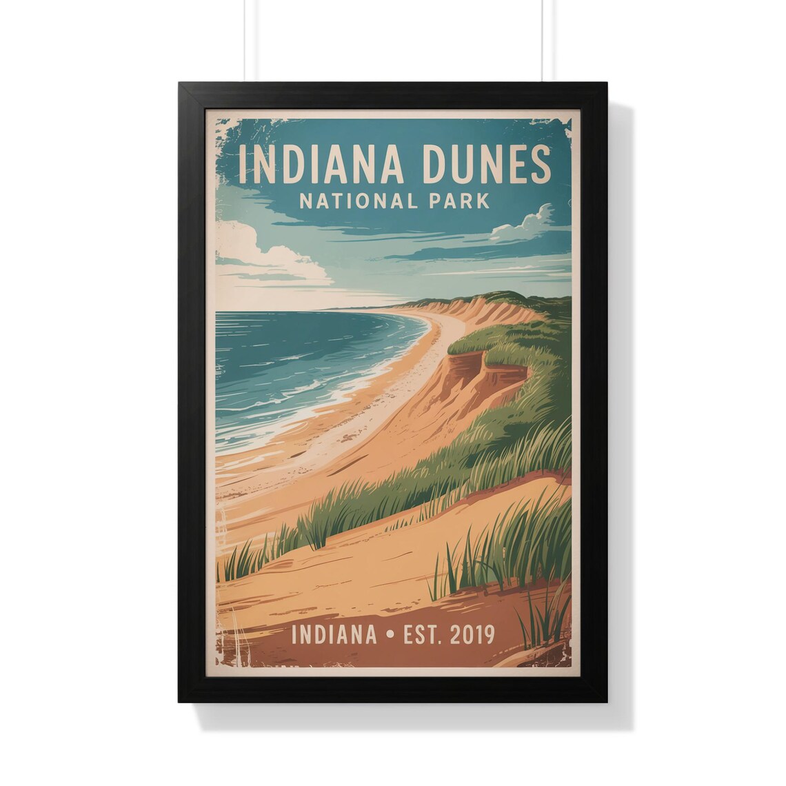 Indiana Dunes National Park Vintage Beach Dune Grass Shoreline Travel Poster