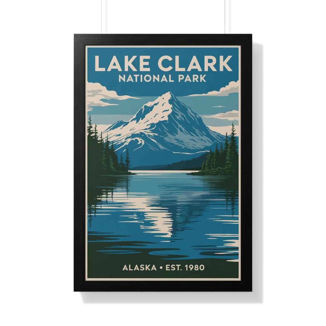 Lake Clark Alaska Snowy Peak Mirror Lake Reflection Vintage Poster