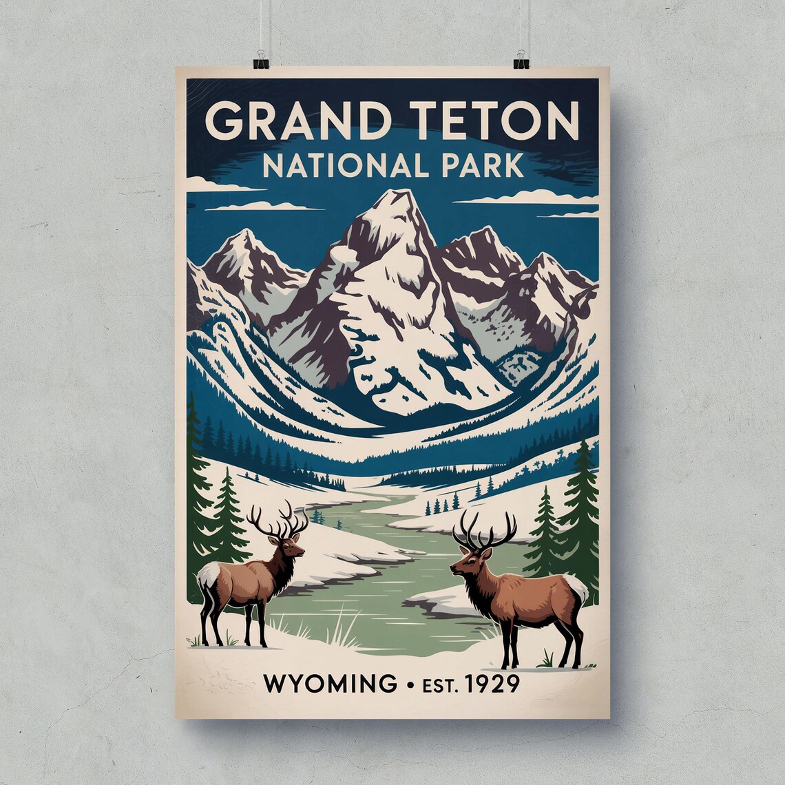 Grand Teton National Park Wyoming Snowy Peaks Elk Vintage Poster