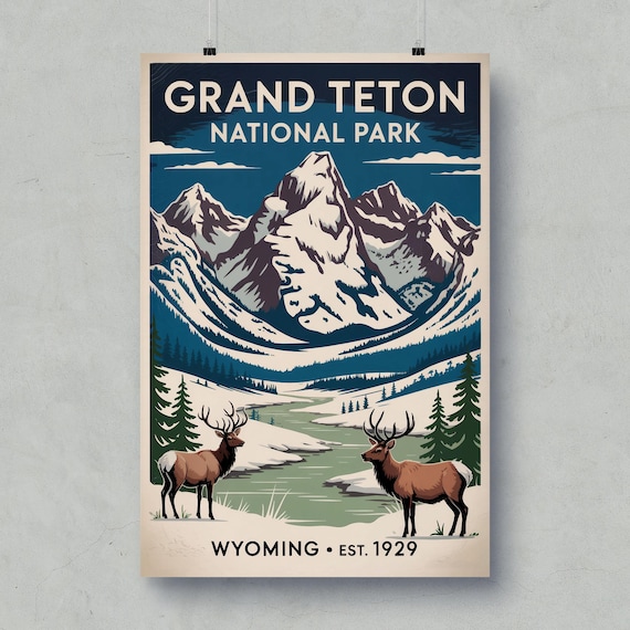 Grand Teton National Park Wyoming Snowy Peaks Elk Vintage Poster