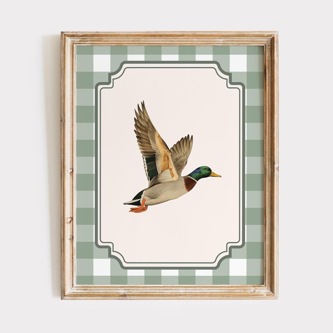 Flying Mallard Duck Green Plaid Border Farmhouse Vintage Art Poster