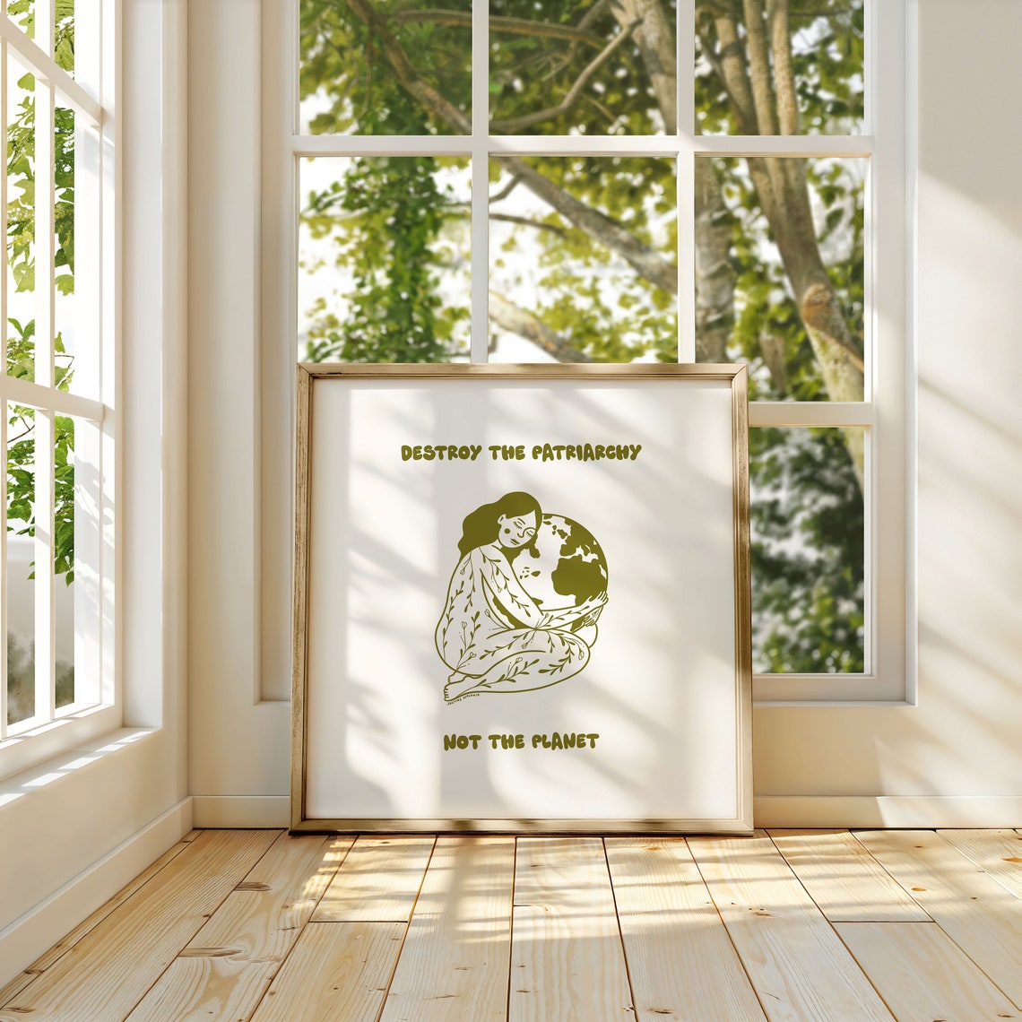 Destroy The Patriarchy Feminist Quote Poster Green Earth Line Art - Image 3