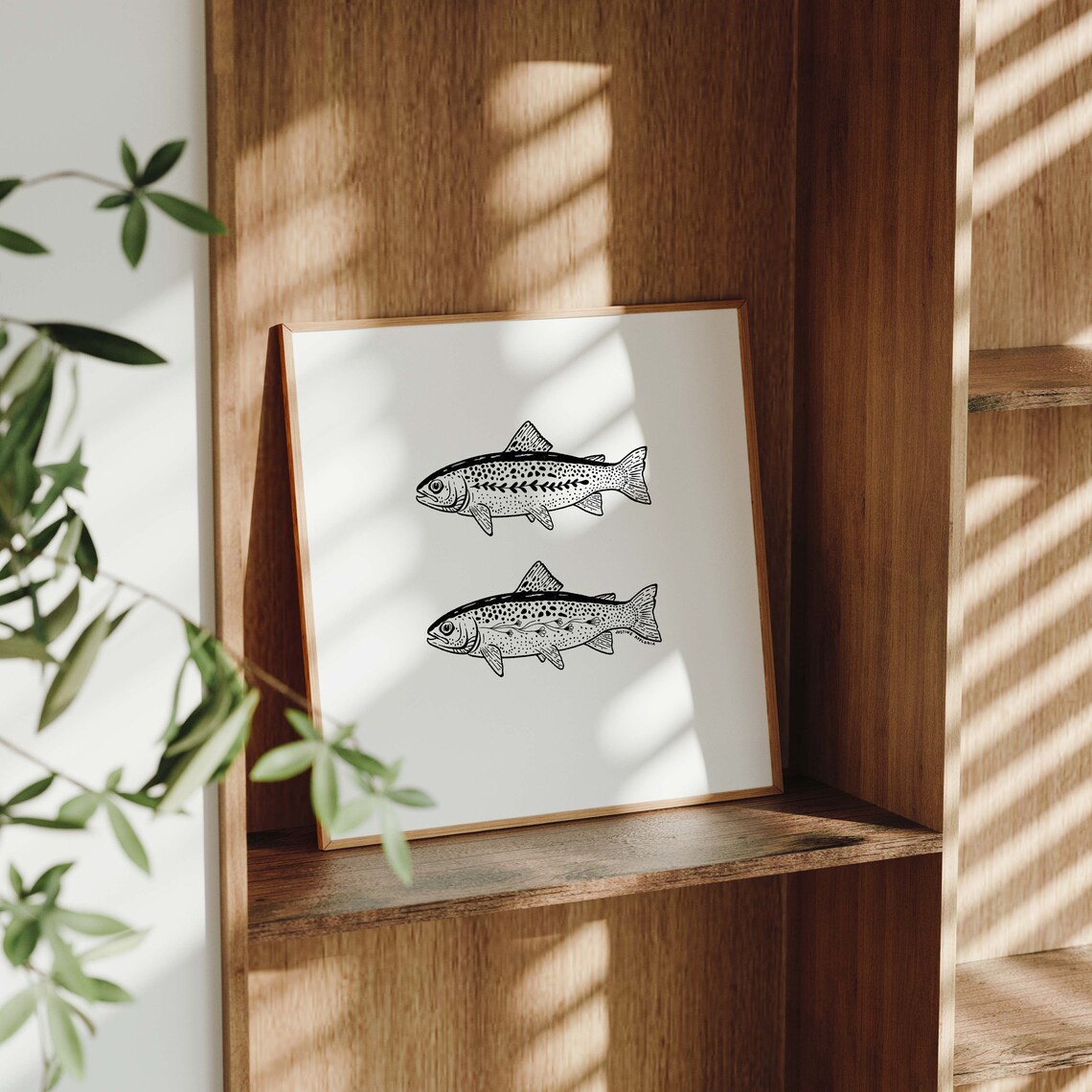 Fish Friends Black White Floral Botanical Nature Illustration Art Print - Image 2