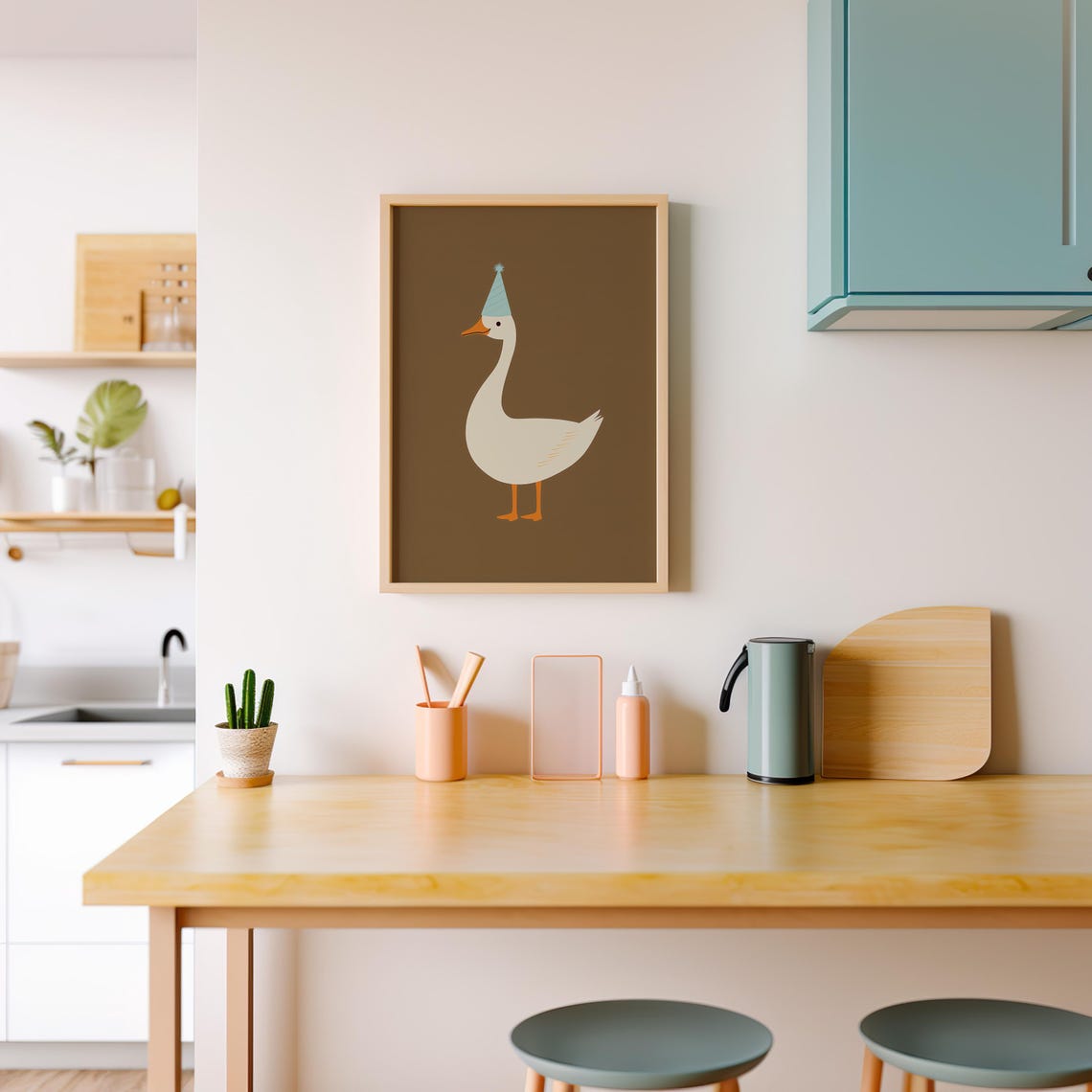 White Goose In A Blue Party Hat On A Warm Brown Minimal Art Poster - Image 2