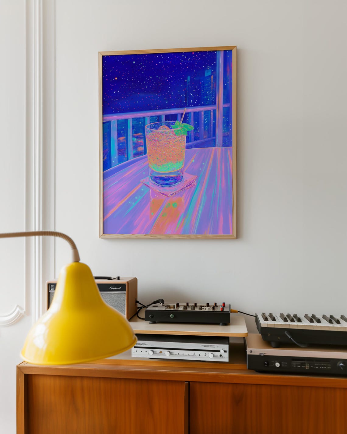 Neon Night Cocktail Glass With Mint on a Balcony Table Poster - Image 6