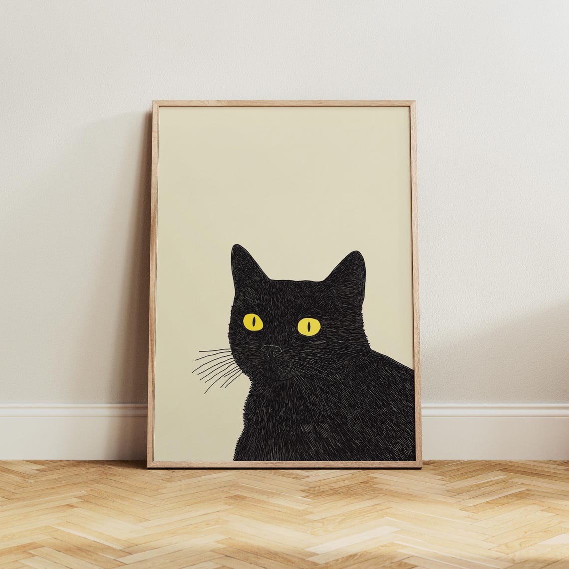 Black Cat Face With Bright Yellow Eyes Minimal Cream Art Poster - Image 4