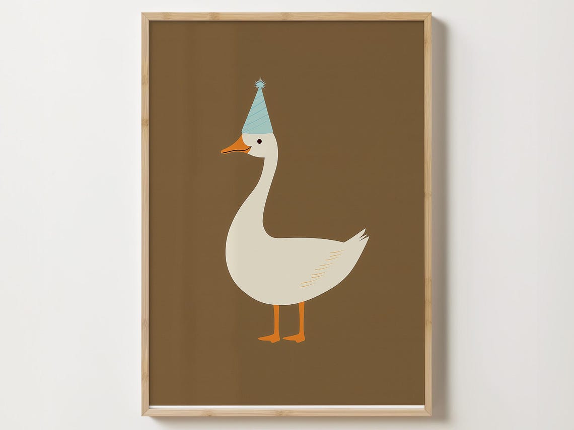 White Goose In A Blue Party Hat On A Warm Brown Minimal Art Poster
