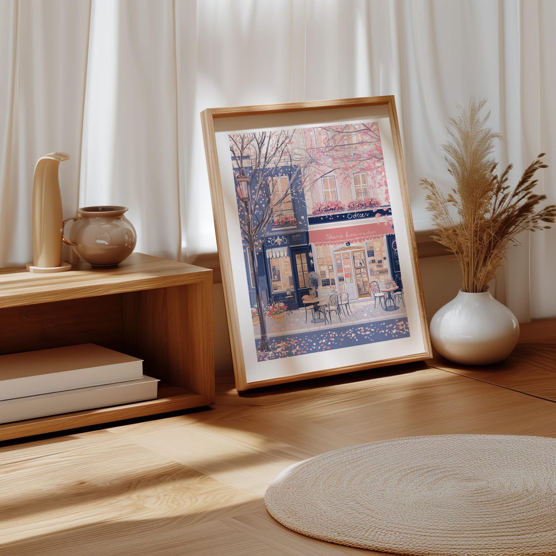 Coffee and Bookshop Row in a Spring Blossom Street Art Poster - Image 4
