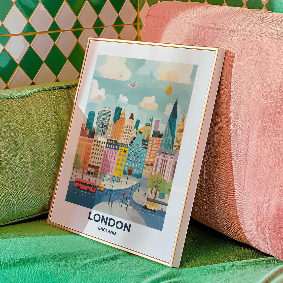 Colorful London Cityscape with Red Double-Decker Bus Travel Poster - Image 3