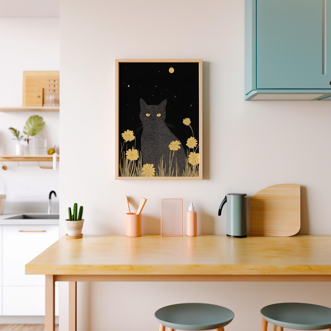 Black Cat Among Yellow Flowers Under A Moonlit Starry Night Poster - Image 3
