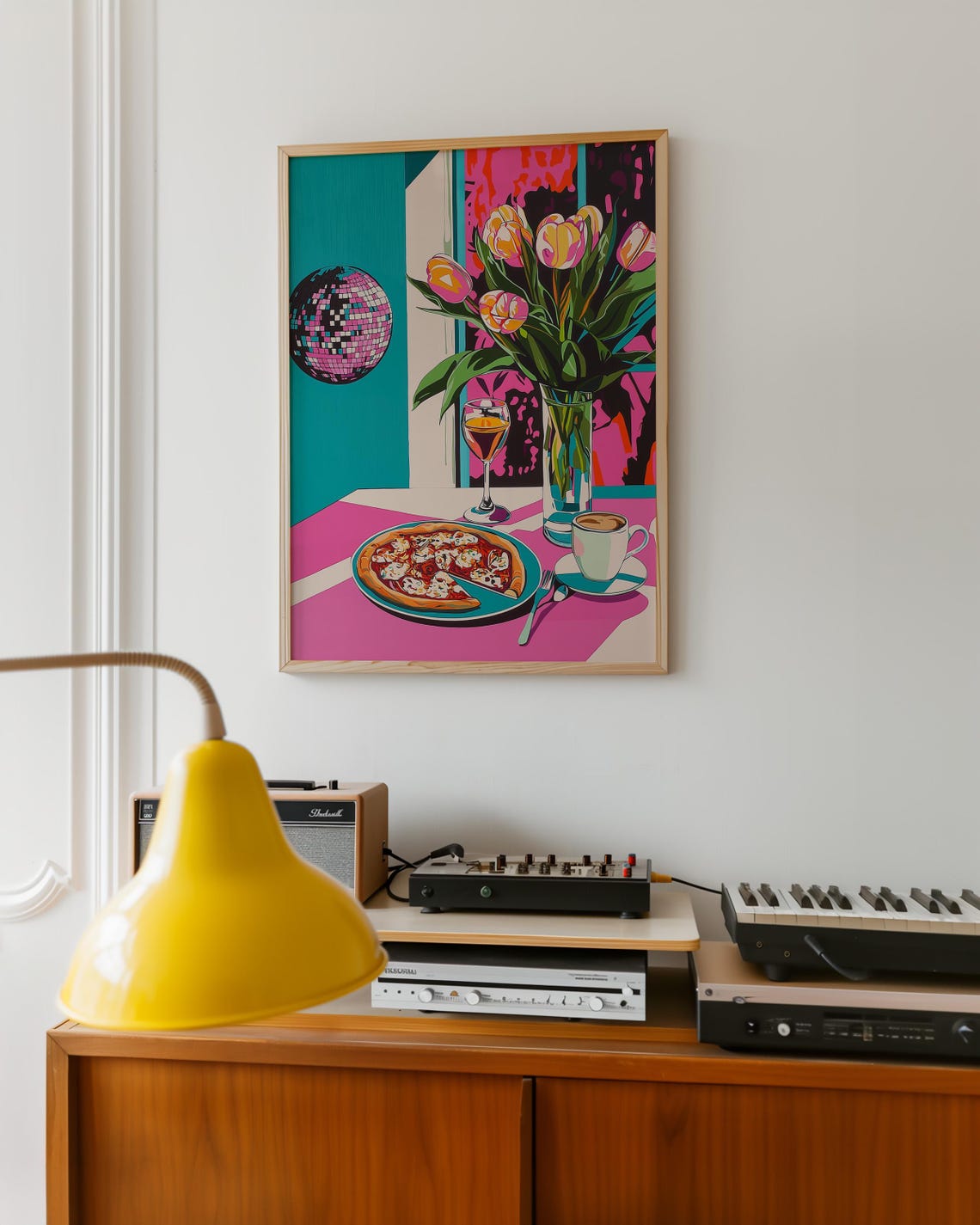 Pop Art Still Life With Tulips Pizza Wine And Disco Ball Poster - Image 5