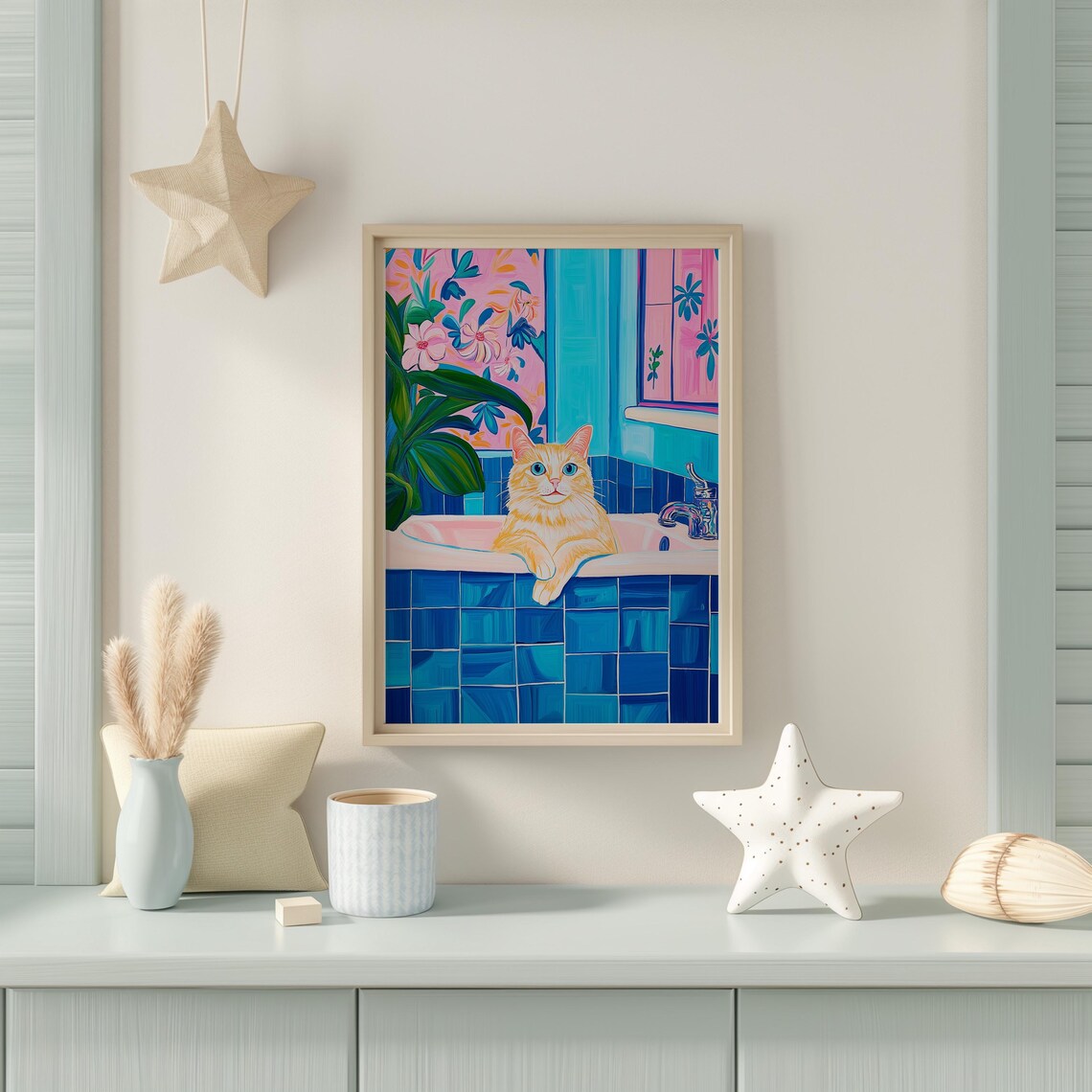 Orange Cat Lounging In A Turquoise Bathroom With Pink Floral Art Poster - Image 2