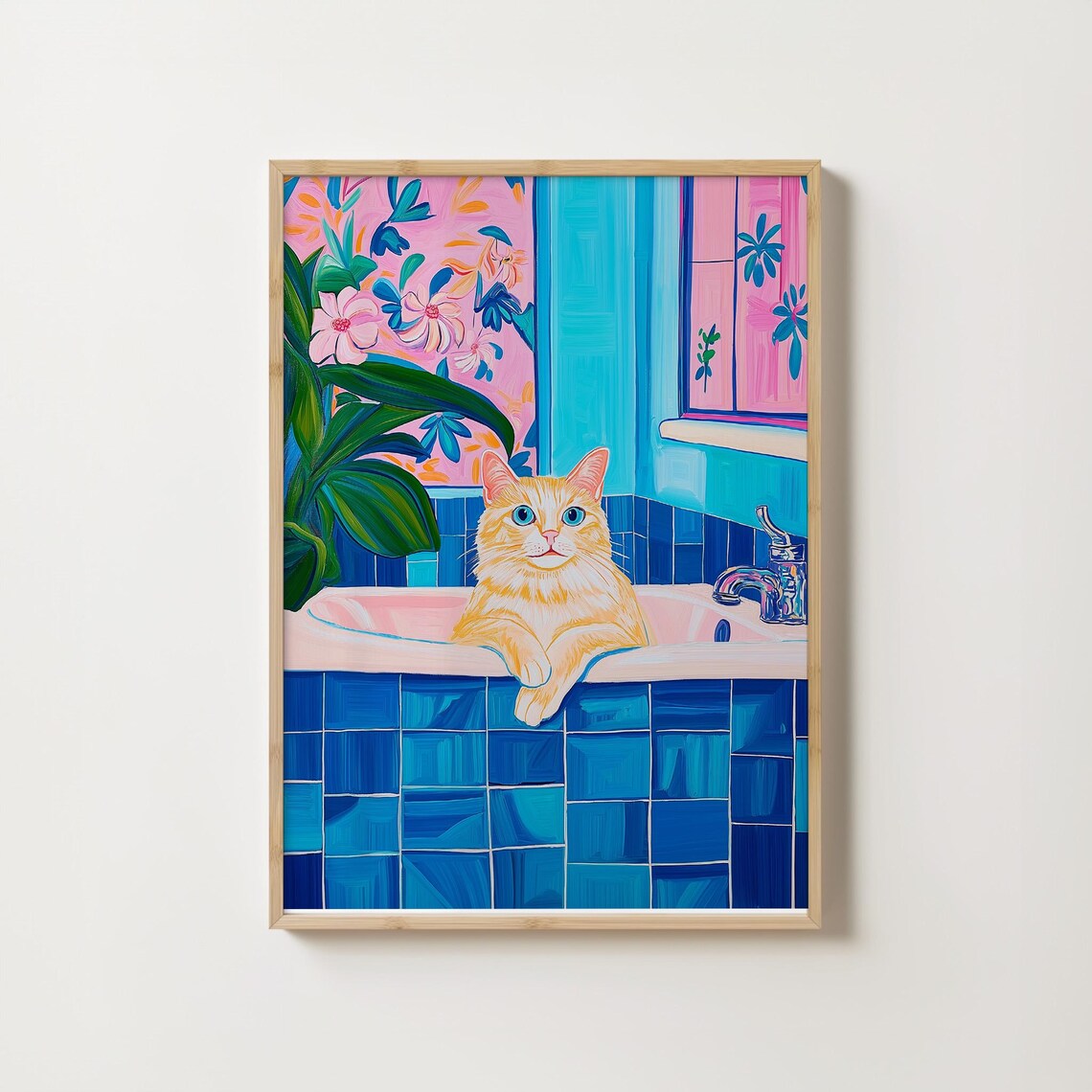 Orange Cat Lounging In A Turquoise Bathroom With Pink Floral Art Poster - Image 5