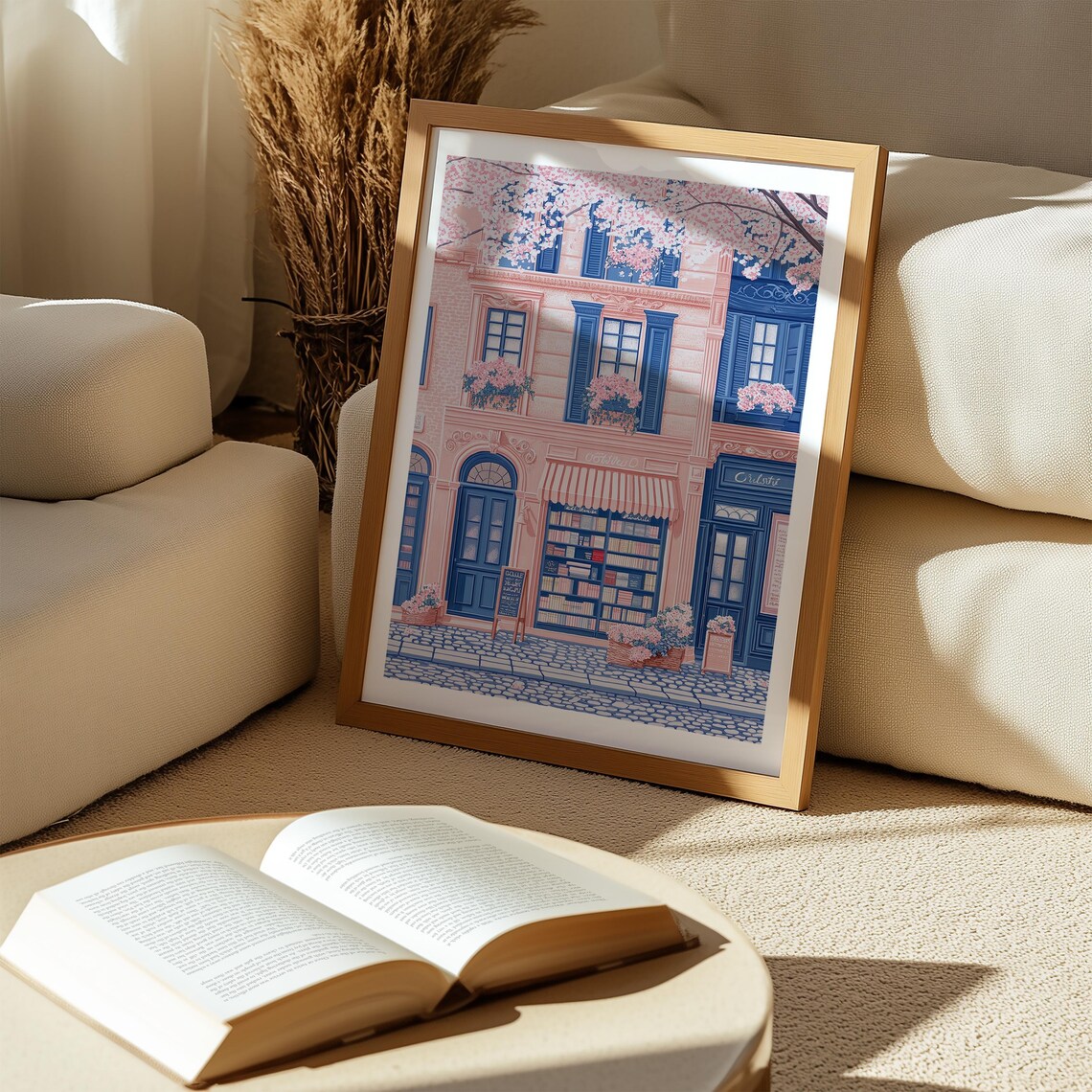 Pink Bookshop Facade With Striped Awning On Cobblestone Street Poster - Image 5