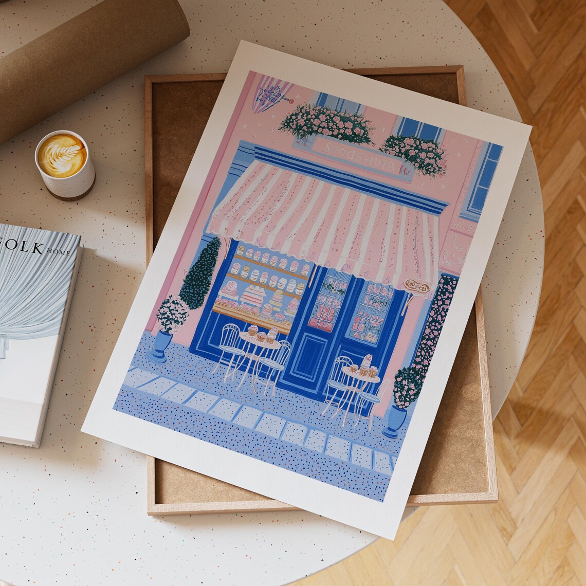 Pink Patisserie Storefront with a Pretty Striped Awning Art Poster - Image 5