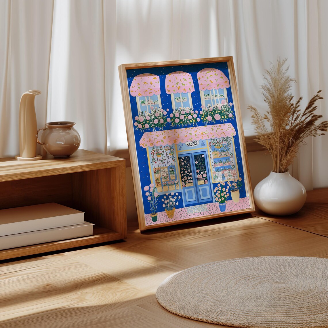 Midnight Blue Flower Shop With Pink Floral Awnings Art Print - Image 2