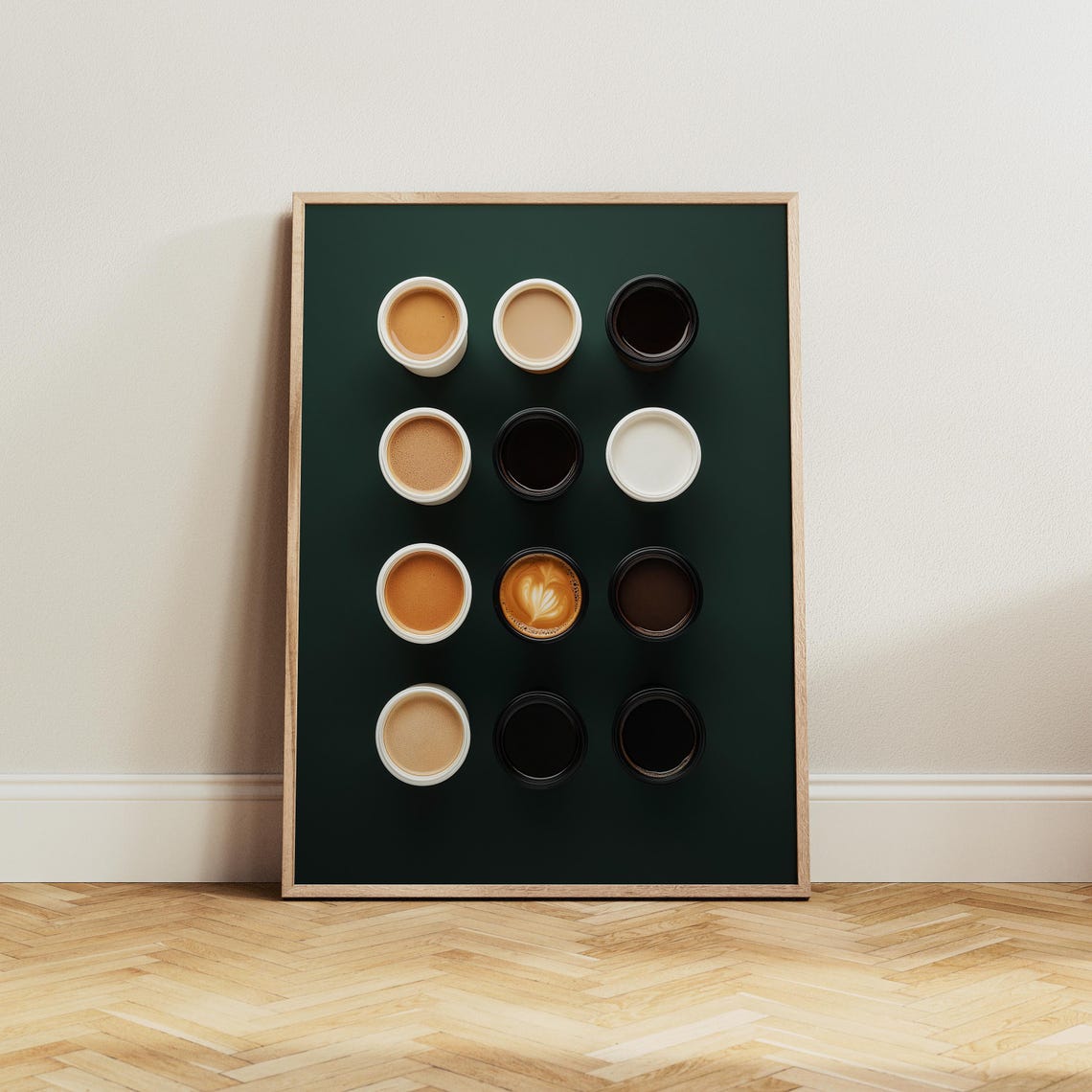 Twelve Coffee Cups Viewed From Above On Deep Green Background Poster - Image 3